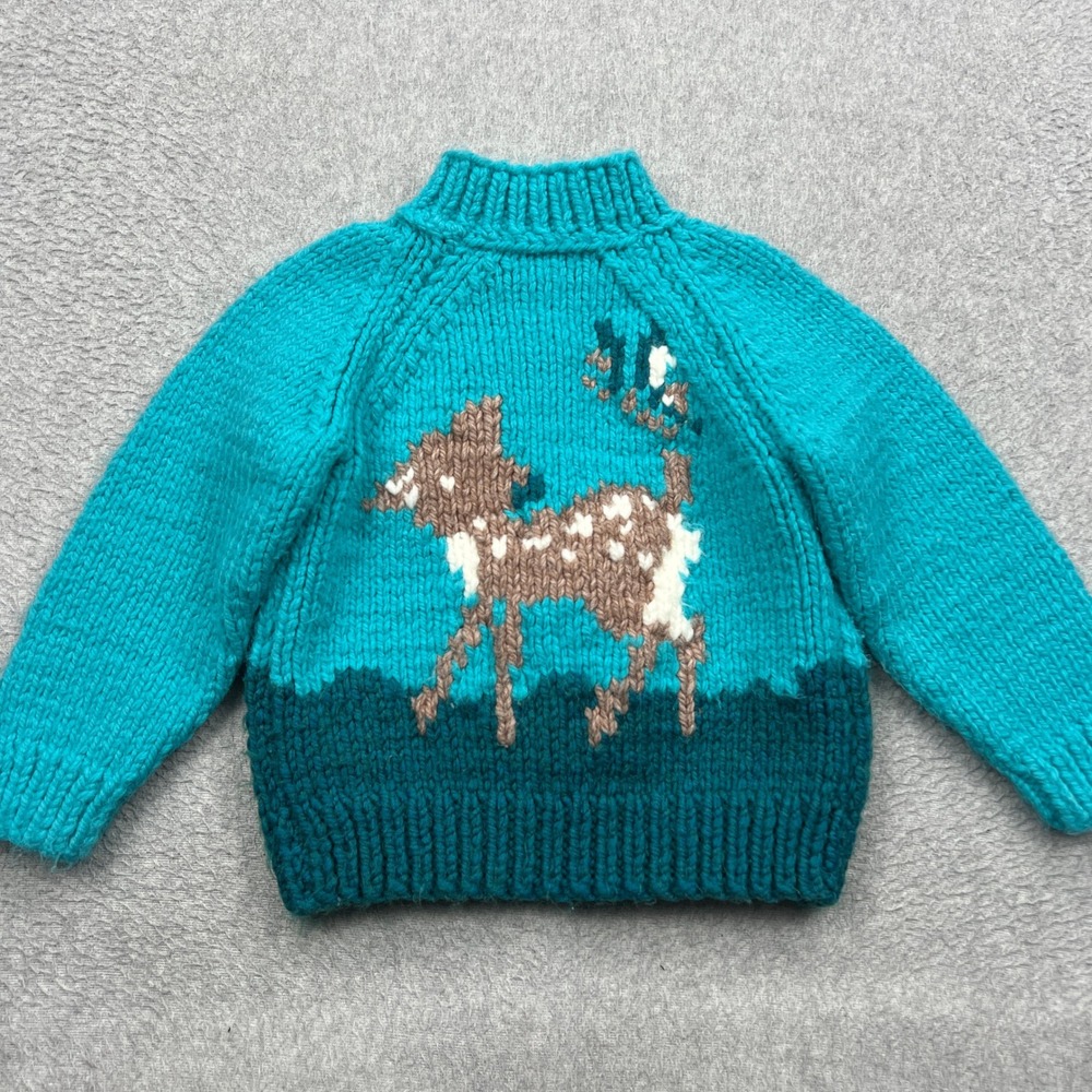 VTG Cowichan Sweater Kid Baby Teal Fawn Deer Hand Knit Chunky Full Zip Talon USA